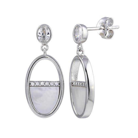 Silver 925 Dangling Oval Mother of Pearl Earrings - Picture 3 of 3